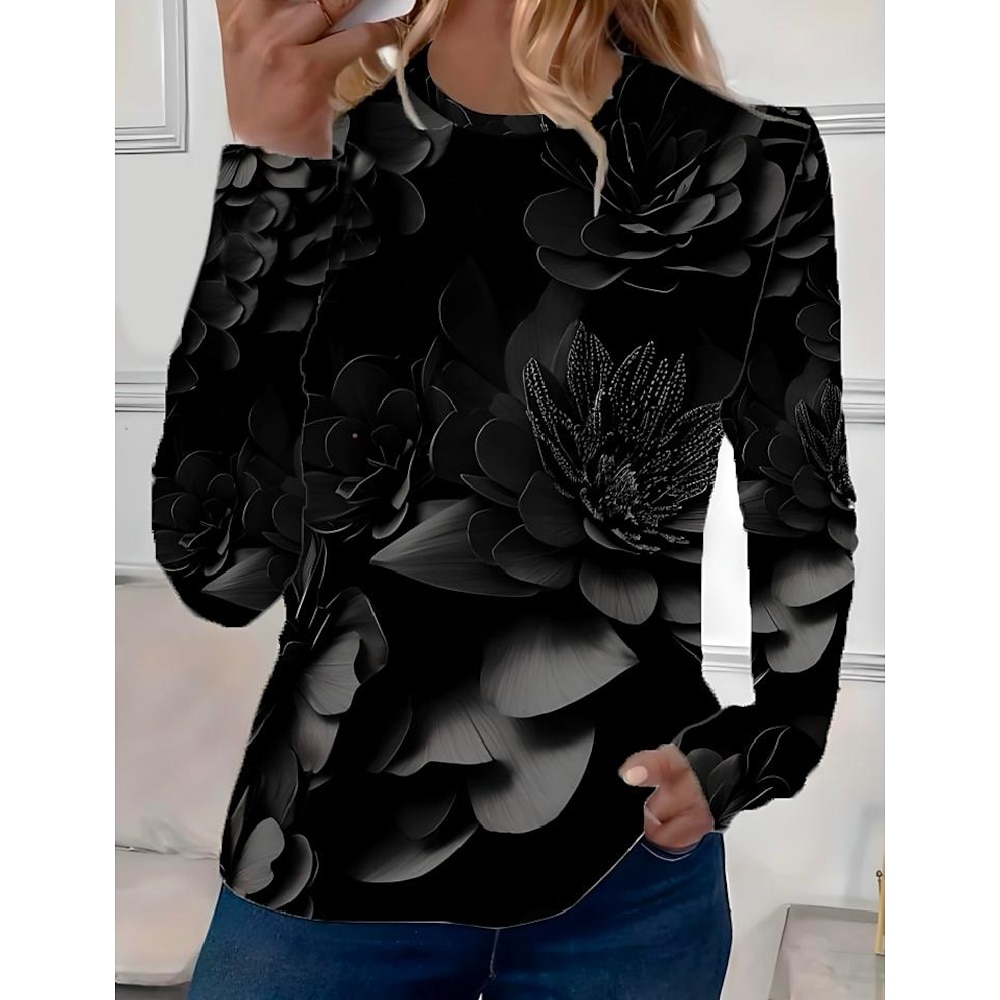 Damen T Shirt Blumen Elegant Vintage Modisch Langarm Rundhalsausschnitt Normale Oberteile Täglich Ausgehen Wochenende Bedruckt Schwarz Sommer Frühling Lightinthebox