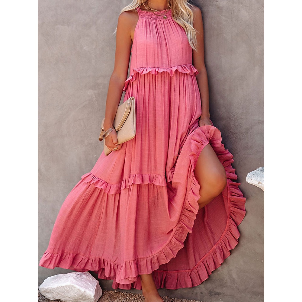 Damen Maxidress Sweatkleid Sommerkleid Schulterfreies Kleid Brautkleider schlicht Urlaub Casual Täglich Regular Fit Graphic Ärmellos Halfterhals Gelb Rosa Marineblau Grün Sommer Lightinthebox