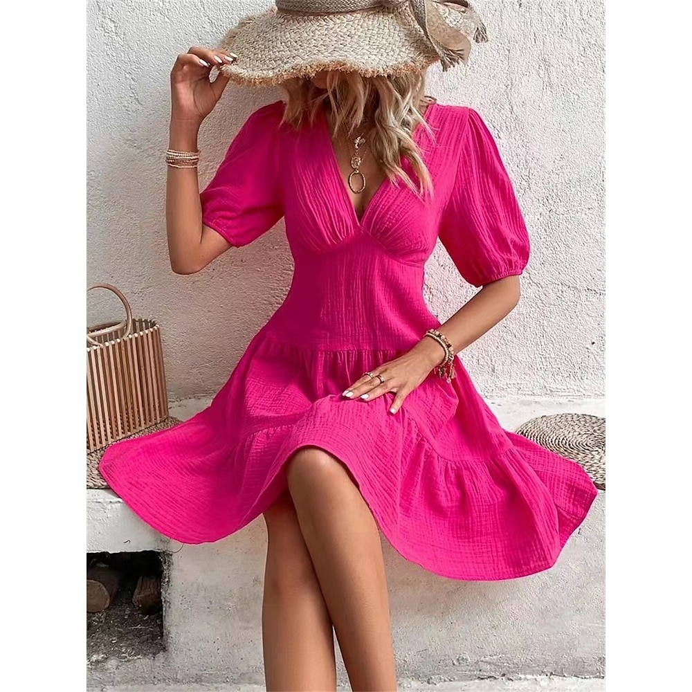 Damen Minikleid A Linie Kleid Kleid mit Puffärmeln Urlaub Brautkleider schlicht Urlaub Casual Täglich Regular Fit Graphic Halbe Ärmel V Ausschnitt Rosa Sommer Lightinthebox