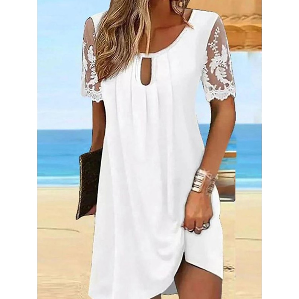 Damen Casual kleid A Linie Kleid Stilvoll Brautkleider schlicht Urlaub Täglich Regular Fit Feste Farbe Kurzarm Rundhalsausschnitt Weiß Sommer Lightinthebox