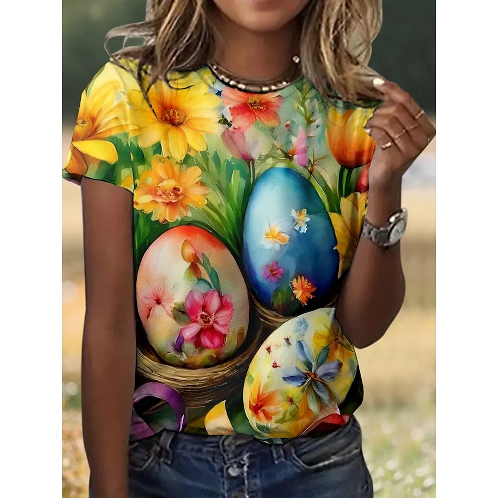 Ostern Damen T Shirt Blumen Graphic Farbblock Brautkleider schlicht Kurzarm Rundhalsausschnitt Normale Oberteile Täglich Bedruckt Regenbogen Sommer Lightinthebox