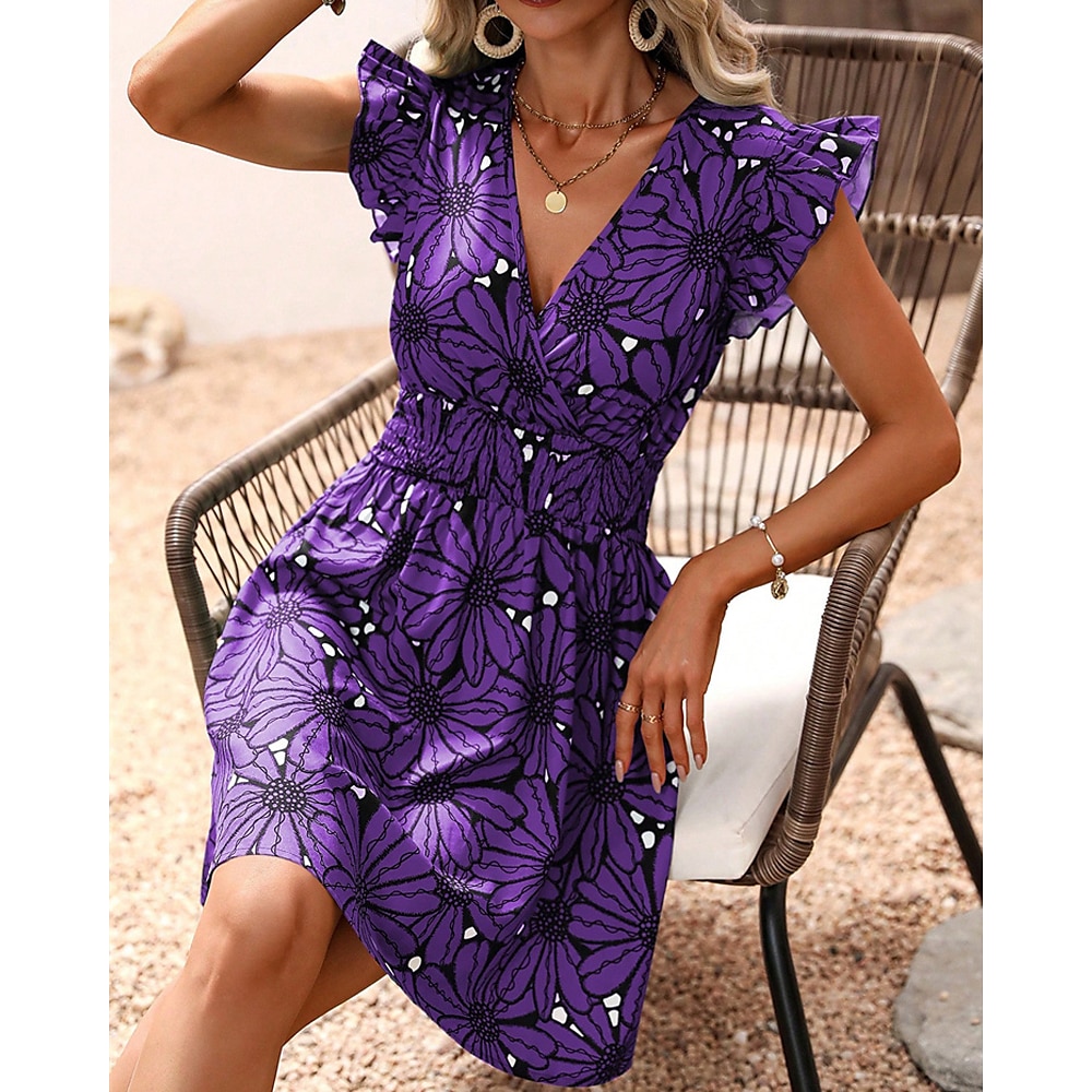 Damen Casual kleid Sommerkleid Kleid drucken Modisch Outdoor Festtage Verabredung Regular Fit Blumen Ärmellos V Ausschnitt Blau Purpur Grün Sommer Frühling Lightinthebox