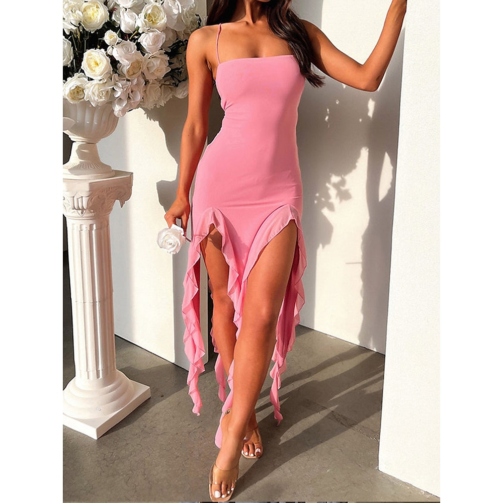 Damen Maxidress Sommerkleid skims dress Rüschenkleid Figurbetontes Kleid Elegant Party Urlaub Täglich Regular Fit Glatt Ärmellos Quadratischer Ausschnitt Schwarz Rosa Königliches Blau Grau Sommer Lightinthebox