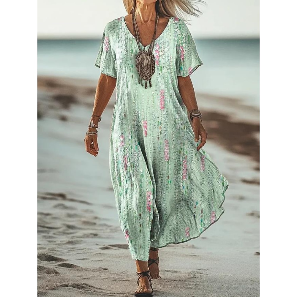 Damen Maxidress Casual kleid Sommerkleid A Linie Kleid Böhmen Urlaub Vintage Urlaub Täglich Regular Fit Blumen Graphic Farbverläufe Kurzarm V Ausschnitt Grün Sommer Lightinthebox