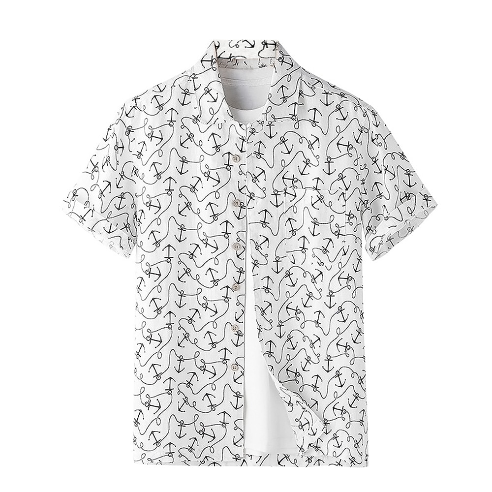 Herrenhemd aus 100 % Leinen mit Anker-Print, Button-Down-Hemd, Freizeithemd, kurze Ärmel, Vintage, Hawaiianisch, künstlerische Darbietung, Hochzeit, Outdoor, Sommer, Frühling, Turndown, Button-Up, Lightinthebox