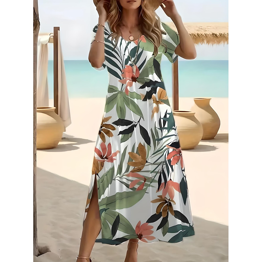 Damen Normal Maxidress Langärmliges Boho-Kleid Böhmen Urlaub Tropisch Schmetterling Urlaub Strand Regular Fit Blumen Blatt Böhmische Kurzarm Rundhalsausschnitt Hellgrün Sommer Lightinthebox