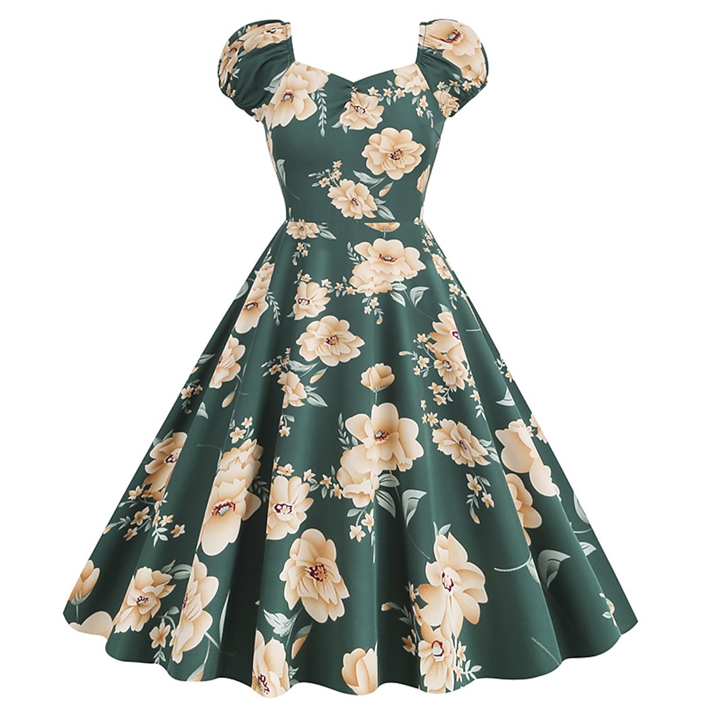 Elegant 1950s Vintage inspiriert Kleid A-Linie Kleid Teekleid Knie-Länge Damen Blume A-Linie Weihnachten Karneval Silvester Abschlussball Freizeitskleidung Erwachsene Homecoming-Kleider Sommer Lightinthebox