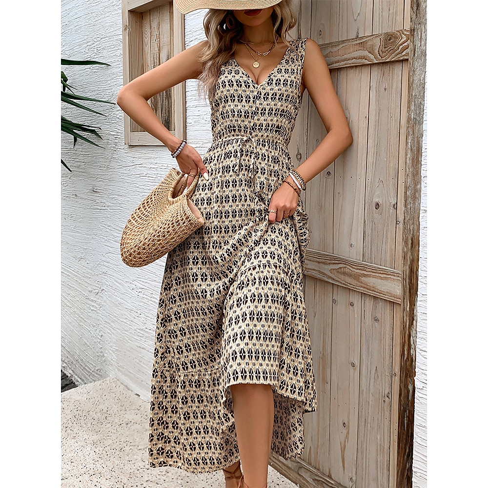 Damen kleid lang Sommerkleid Stilvoll Fließend Urlaub Verabredung Strand Lockere Passform Geometrisch Ärmellos Gurt Grün Aprikose Sommer Lightinthebox