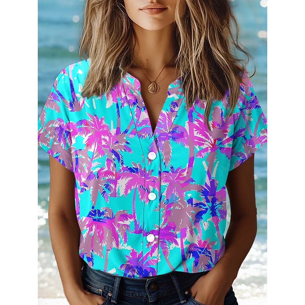 Damen Bluse Blumen Elegant Vintage Tropisch Kurzarm Hemdkragen Normale Oberteile Täglich Knopf Bedruckt Blau Sommer Lightinthebox