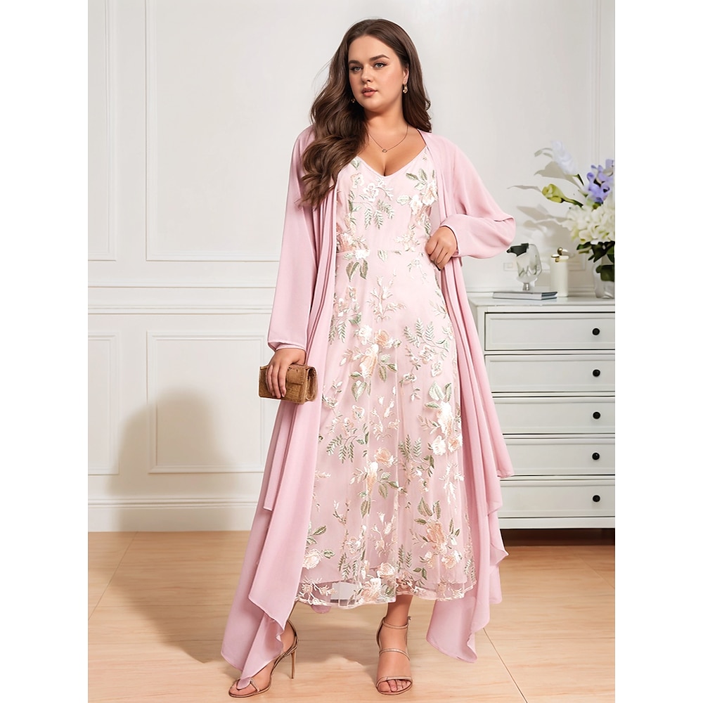 Damen Plus Size Hochzeitsgast Kleid Set Maxi Kleid Chiffon Cardigan Gestickter Date Urlaub Elegant V-Ausschnitt Langarm Pink Farbe Frühling Sommer Herbst Lightinthebox