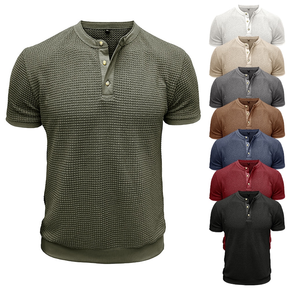 Herren Waffel-Henley-Hemd Henley Shirt Strick-T-Shirt Kurzarm Feste Farbe Glatt Strickware Casual Knopf Strick Henley Outdoor Casual Täglich Sommer Frühling Herbst Schwarz Weiß Grau Henley T-Shirt Lightinthebox