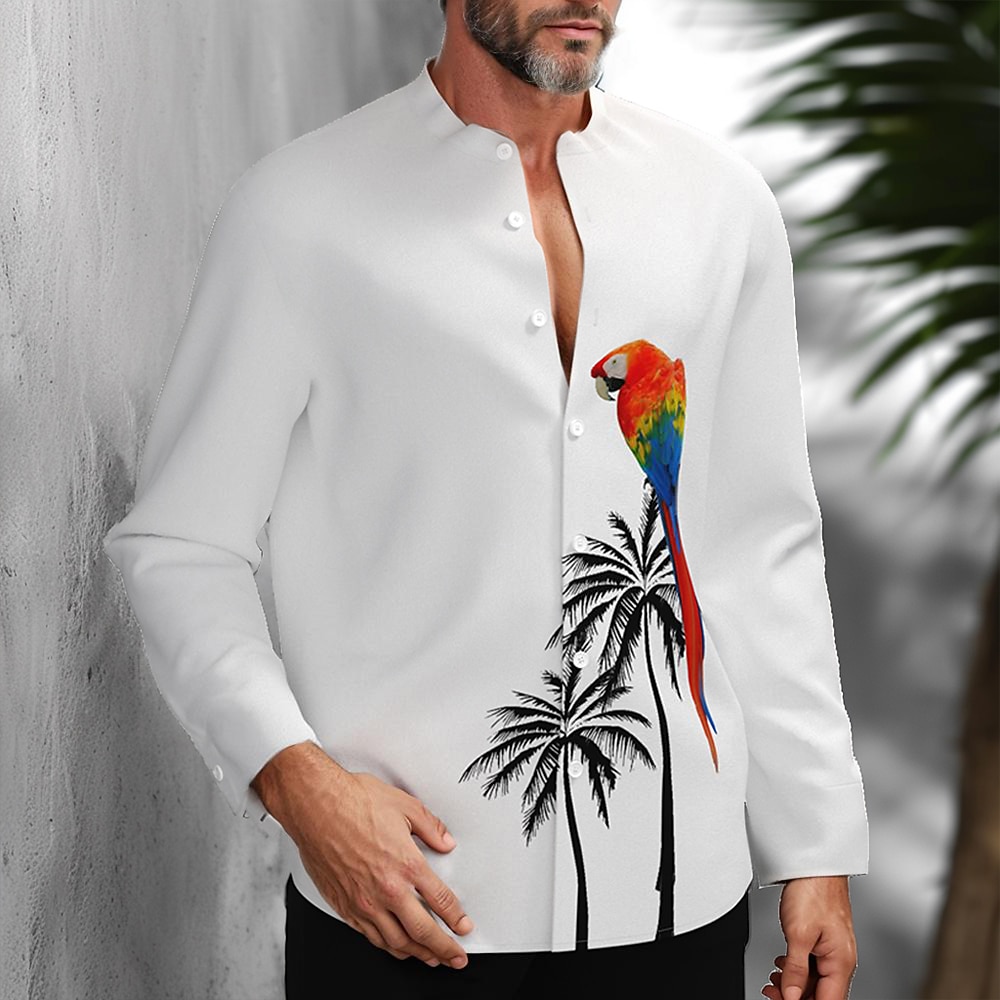 Herren Vogel Kokosnussbaum Papagei Hemd Hawaiihemd Sommerhemd Hemd ohne Kragen Langarm Hawaiianisch Resort Urlaub Casual Festtage Sommer Frühling Stehkragen 3D-Druck Button-Down-Hemden Weiß Lightinthebox