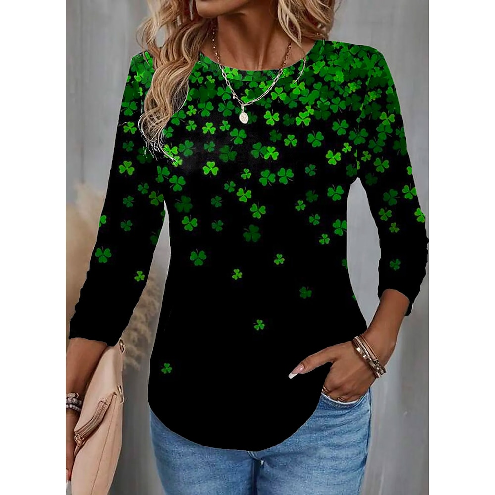 St. Patrick Damen T Shirt Pflanzen Brautkleider schlicht Langarm Rundhalsausschnitt Normale Oberteile Täglich Bedruckt Schwarz Weiß Frühling Herbst Lightinthebox