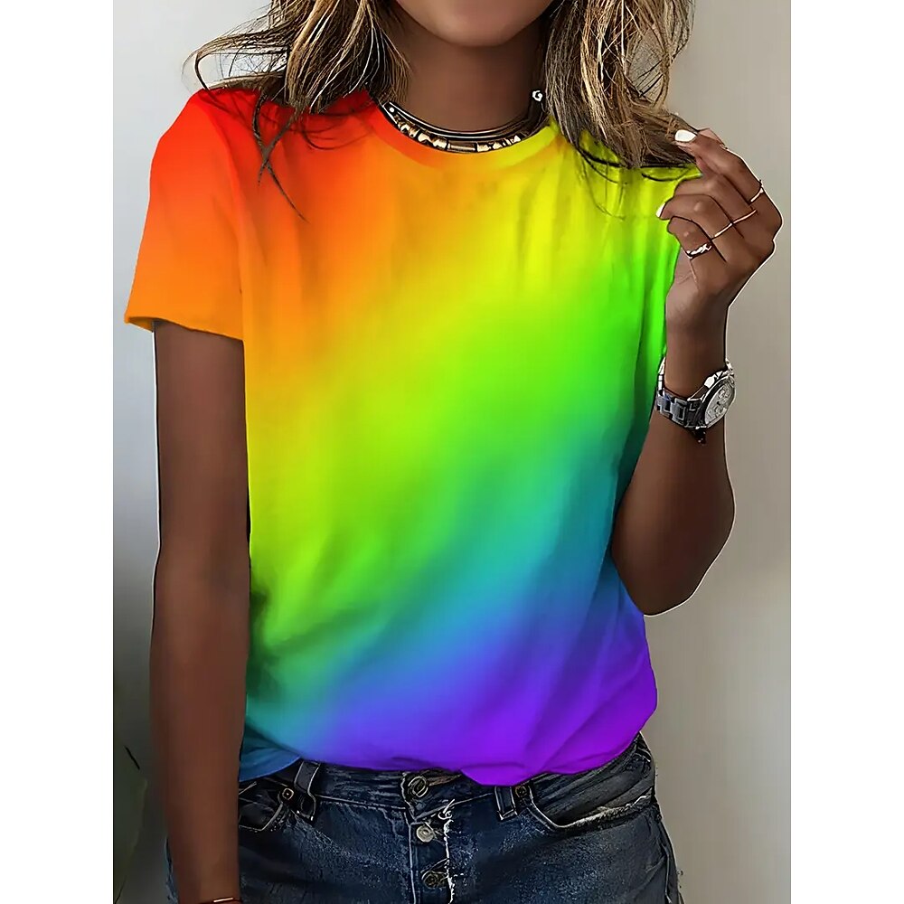 Damen T Shirt Sommertops Graphic Farbverläufe Klassisch Brautkleider schlicht Kurzarm Rundhalsausschnitt Crop Tops Täglich Wochenende Bedruckt Regenbogen Sommer Frühling Herbst Lightinthebox
