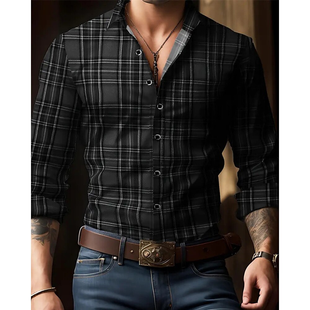 Herren Hemd Sommerhemd Lässiges Hemd Knopfhemd Schwarz Wein Blau Dunkelgray Langarm Plaid Kargen Urlaub Hawaiianisch Knopf Bekleidung Polyester Modisch Brautkleider schlicht Komfortabel Lightinthebox