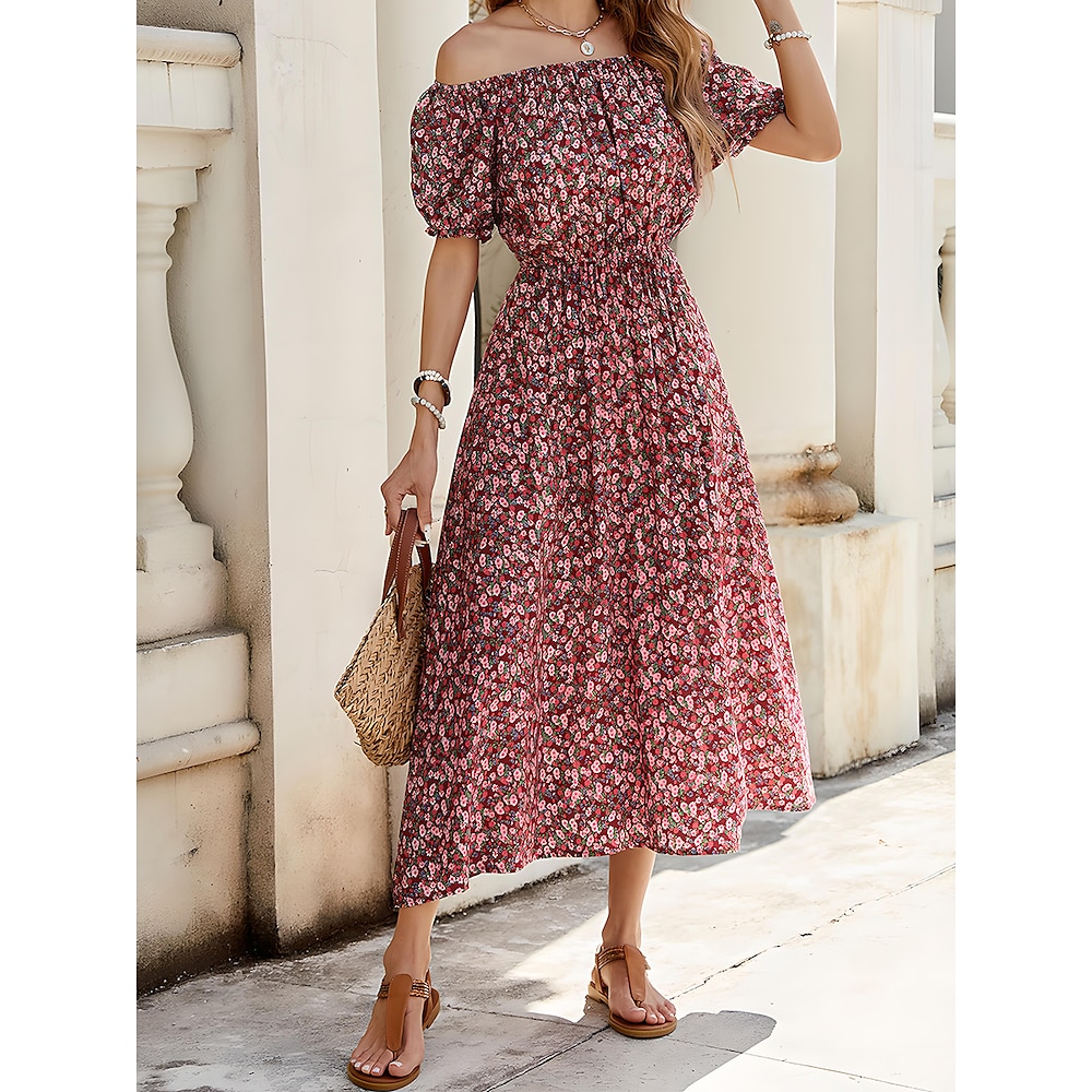 Damen Midi Kleid Korsett Kleid Smock Kleid Off-the-Shoulder Kleid Sommer Kleid Melkkäufer Kleid Bohemia Vintage Boho Rüsche Ärmel Urlaub Party Straße Loose Fit Floral Grafik Off-Shoulder Sommer Lightinthebox