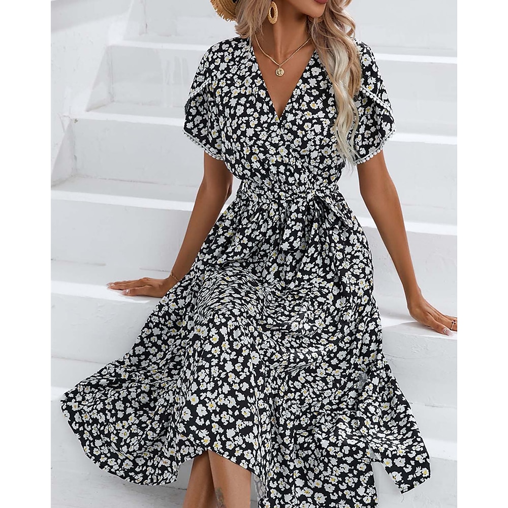 Damen kleid lang Casual kleid Sommerkleid Kleid drucken Modisch Outdoor Festtage Verabredung Regular Fit Blumen Kurzarm V Ausschnitt Schwarz Purpur Grün Sommer Frühling Lightinthebox