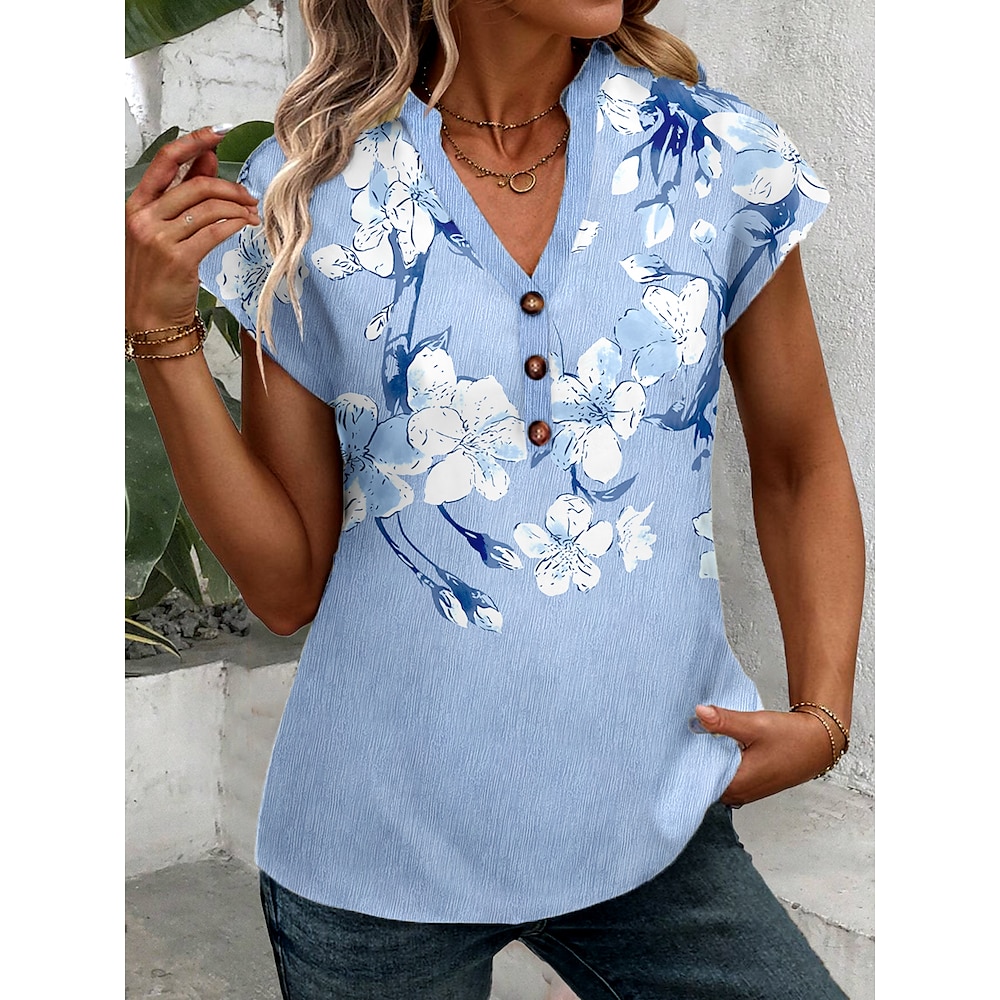 Damen T Shirt Farbverlauf Blumen Graphic Stilvoll Kurzarm Gekerbter Hals Normale Oberteile Täglich Wochenende Bedruckt Leicht Blau Sommer Frühling Lightinthebox