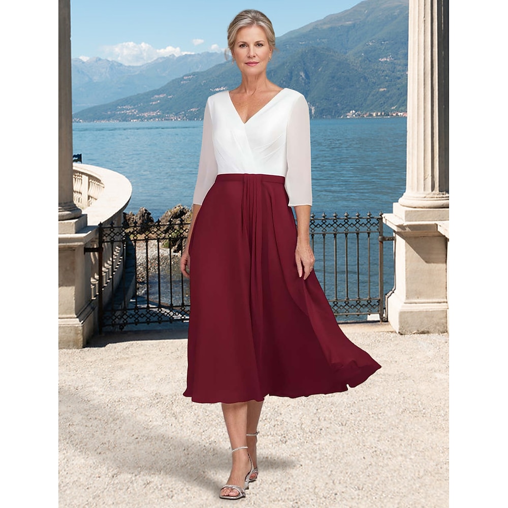 A-Linie Kleid Brautmutterkleid Elegant Einfach V Ausschnitt Tee-Länge Chiffon 3/4 Ärmel mit Spitze Einheitliche Farbe 2025 Lightinthebox