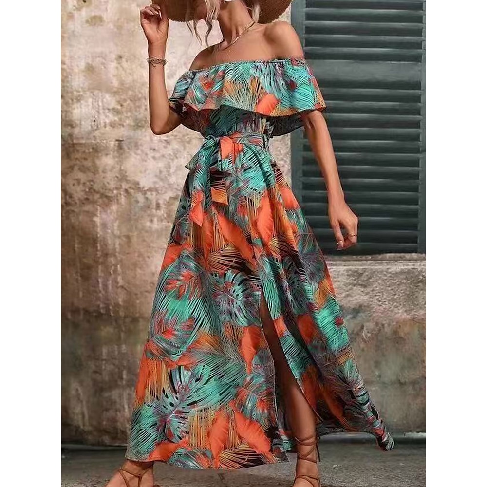 Damen Midikleid Rüschenkleid Schulterfreies Kleid Urlaub Strand Design Urlaub Täglich Regular Fit Graphic Kurzarm Schulterfrei Gelb Hellgrün Himmelblau Orange Sommer Lightinthebox