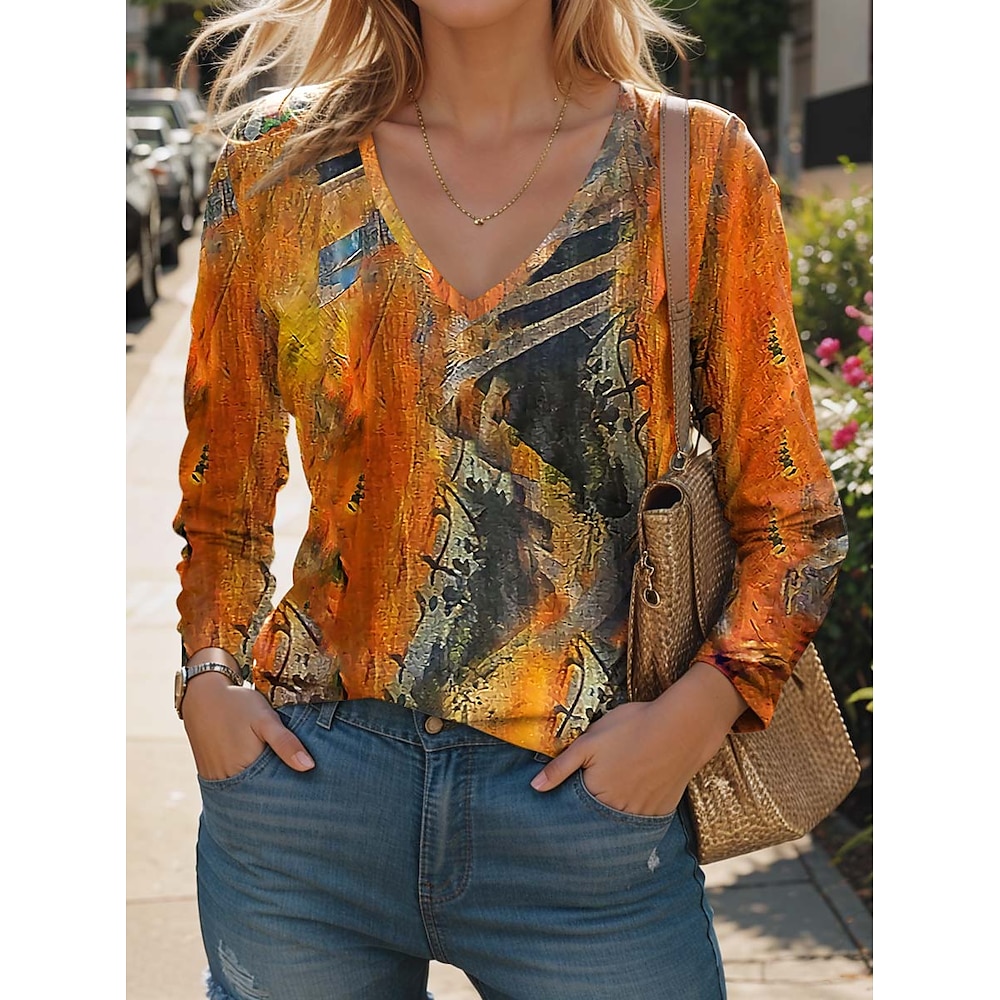 Damen T Shirt Farbverlauf Vintage Brautkleider schlicht Langarm V Ausschnitt Normale Oberteile Täglich Bedruckt Orange Frühling Herbst TY Lightinthebox