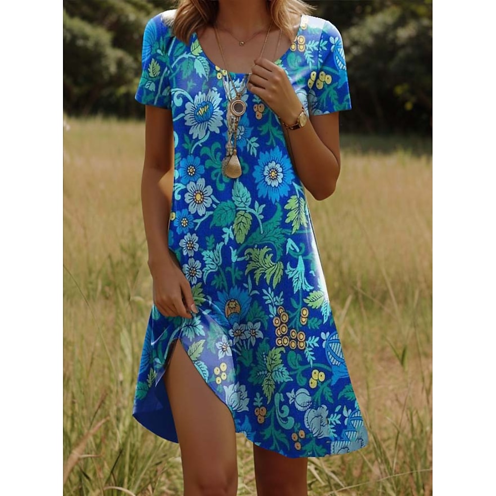 Damen Minikleid Casual kleid Boho Chic Kleider Böhmen Täglich Regular Fit Blumen Kurzarm Rundhalsausschnitt Blau Sommer Lightinthebox