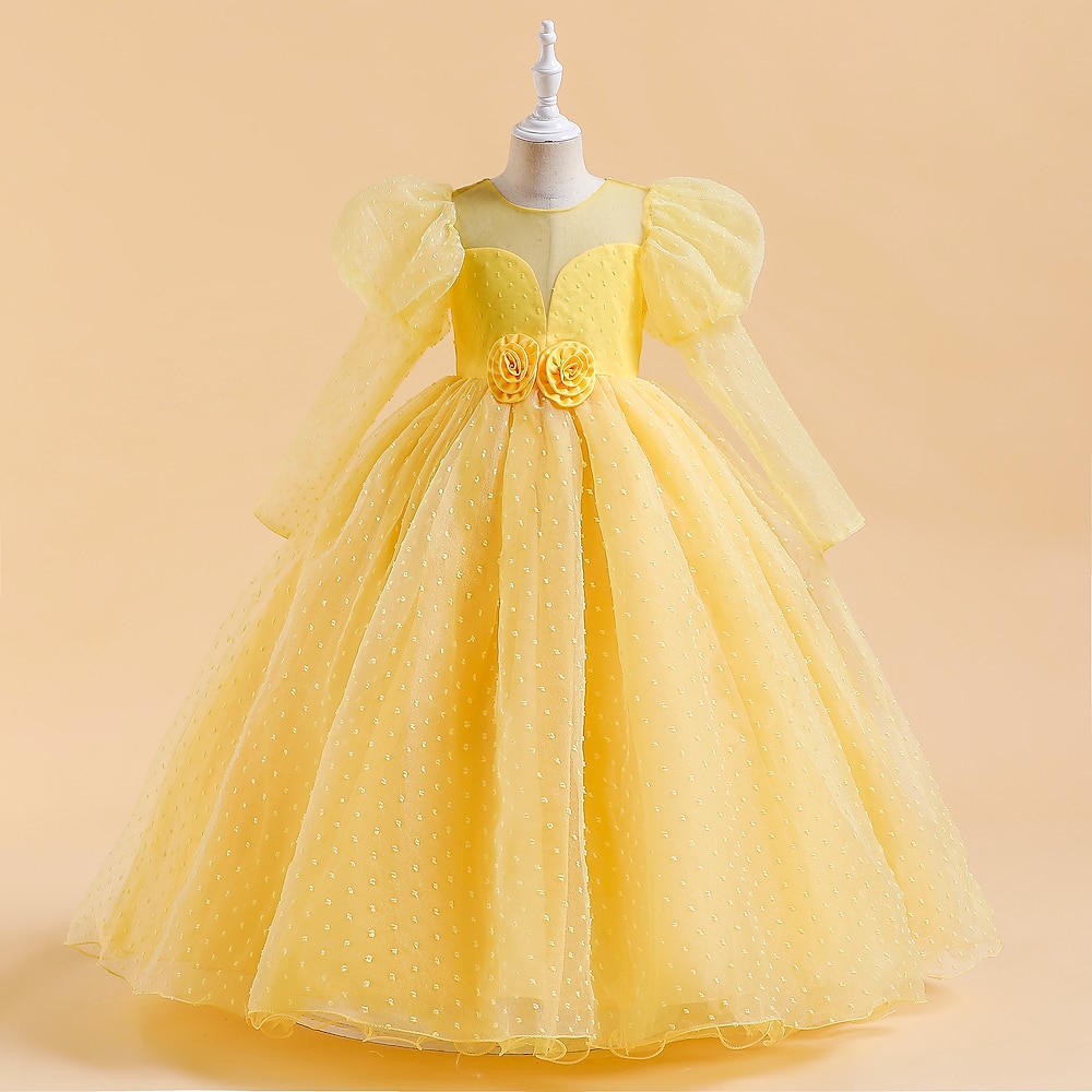 Blumenmädchenkleid Mädchen Formelle Kleidung Prinzessinenkleid Hochzeitskleidung Party Kleid Leistung Besondere Anlässe Prinzessin Süß Feste Farbe Langarm Rundhalsausschnitt Weiß Gelb 4-13 Jahre Lightinthebox