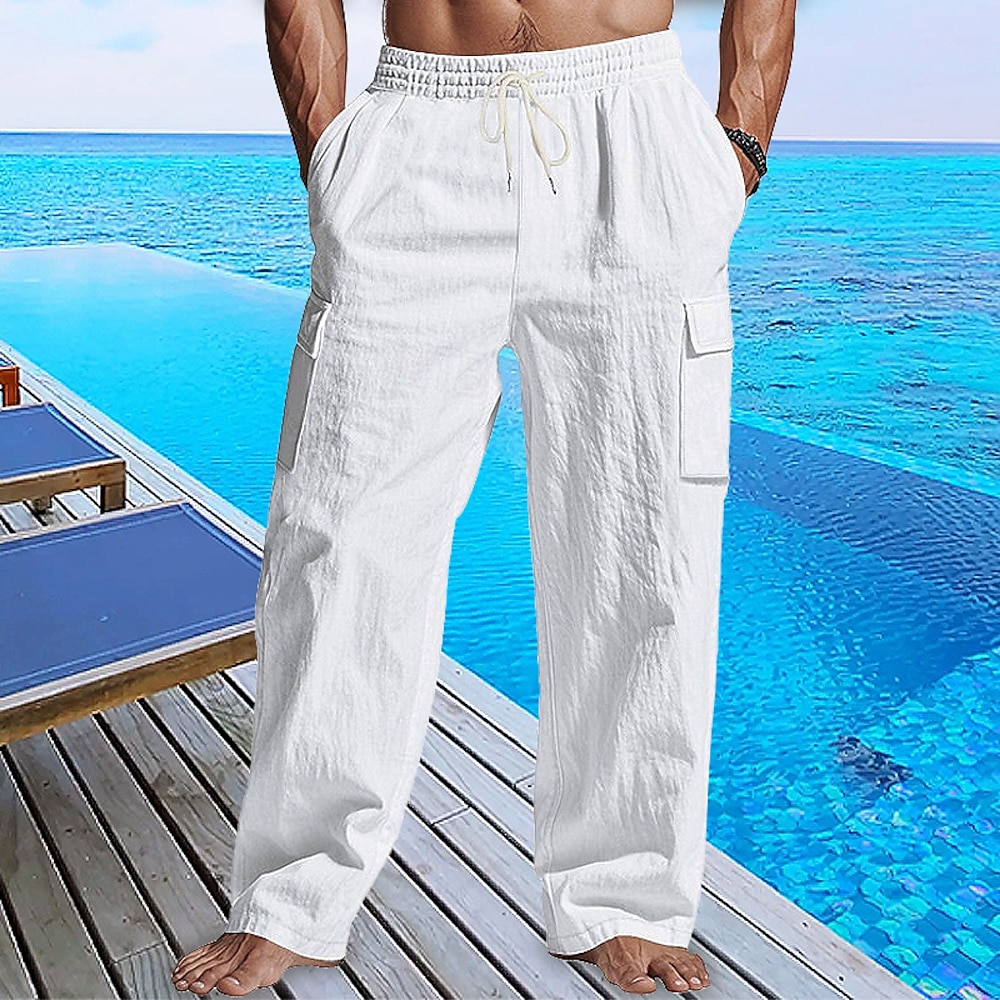 Herren Cargohose Leinenhose Hose Hosen Sommerhosen Strandhose Kordelzug Elastische Taille Gerade geschnitten Glatt Komfort Atmungsaktiv In voller Länge Urlaub Täglich Festtage Hawaiianisch Boho Lightinthebox