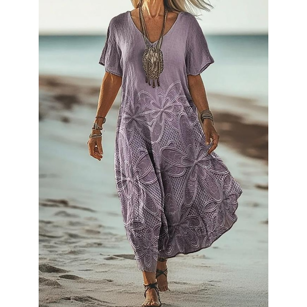 Damen Maxidress Casual kleid Sommerkleid A Linie Kleid Böhmen Urlaub Stilvoll Urlaub Täglich Festtage Regular Fit Blumen Graphic Kurzarm V Ausschnitt Purpur Sommer Lightinthebox