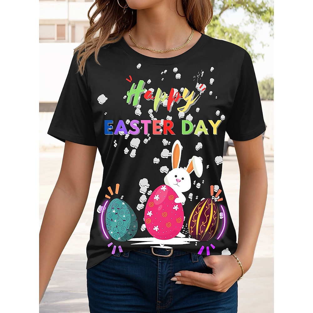 Ostern Damen T Shirt Tier Vintage Modisch Stilvoll Kurzarm Rundhalsausschnitt Normale Oberteile Täglich Wochenende Bedruckt Schwarz Sommer Lightinthebox