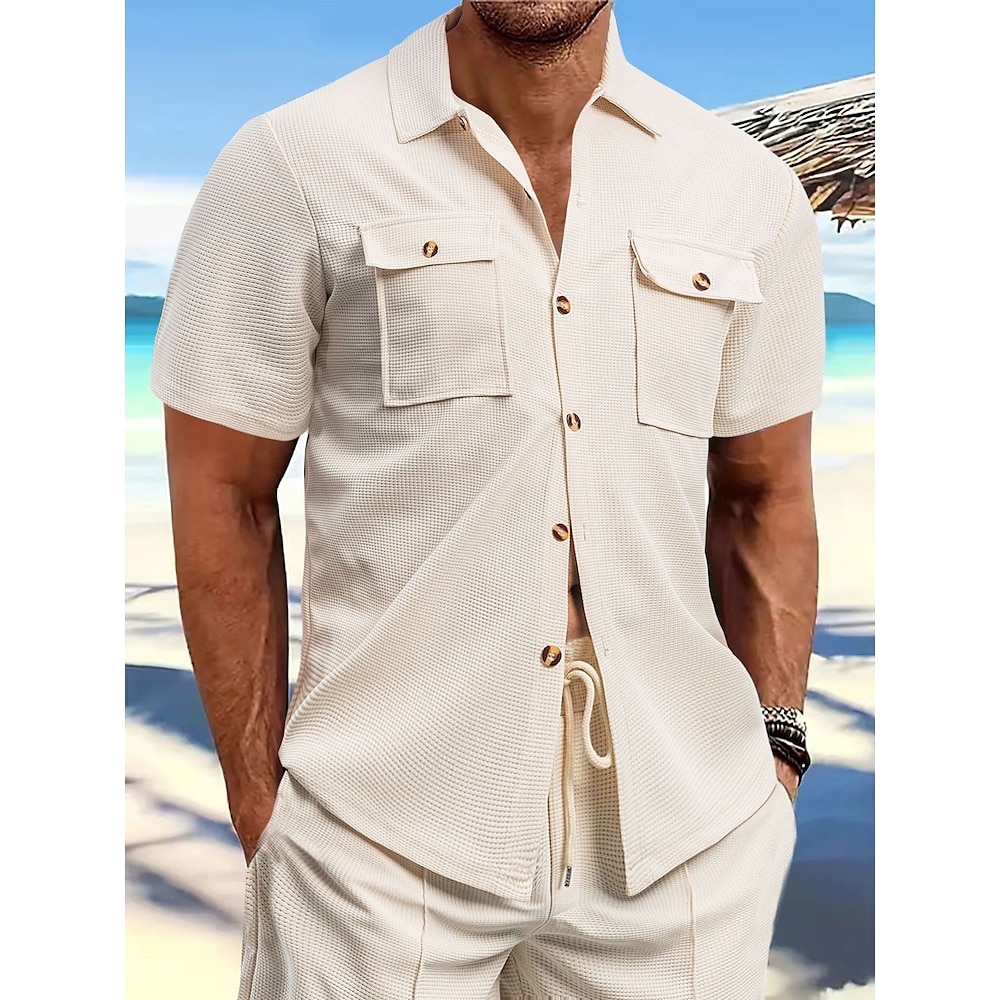 Herren Hemd Sommerhemd Lässiges Hemd Strandhemd Knopfhemd Schwarz Weiß Wein Kaki Armeegrün Kurzarm Glatt Kargen Urlaub Hawaiianisch Bekleidung Polyester Modisch Brautkleider schlicht Komfortabel Lightinthebox