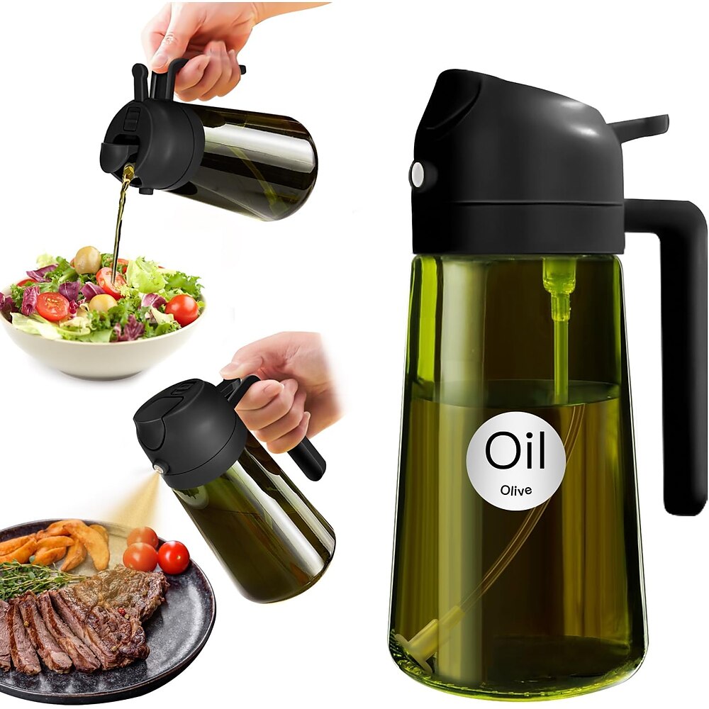 16 oz/470 ml lichtundurchlässiger dunkler Ölsprüher zum Kochen, 2-in-1-Olivenöl-Spenderflasche für die Küche, hochwertige dunkelgrüne Ölflasche aus Glas, lebensmittelechter Ölzerstäuber für Lightinthebox