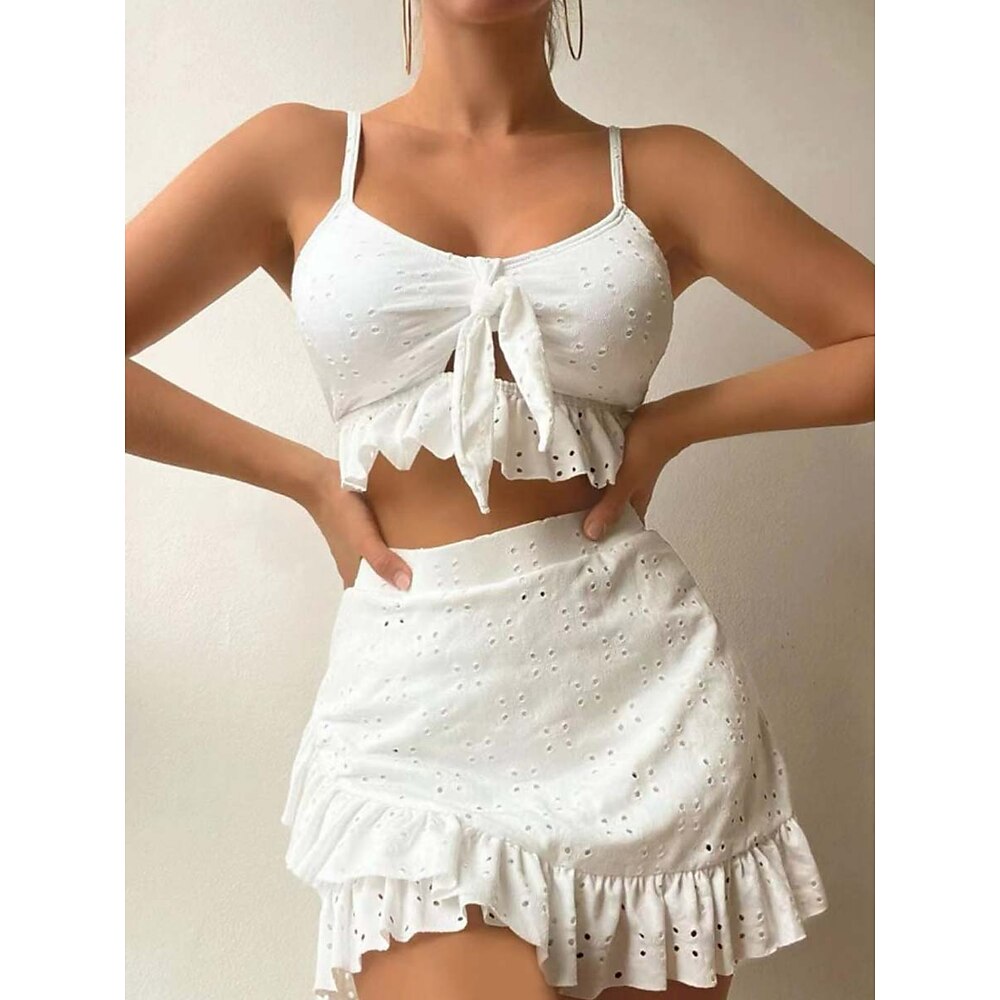 Damen Badeanzug Bikinis Drei Stück Rock Bademode Rückenfrei Schlank Urlaub Strandbekleidung Feste Farbe V Ausschnitt Ärmellos Badeanzüge Lightinthebox