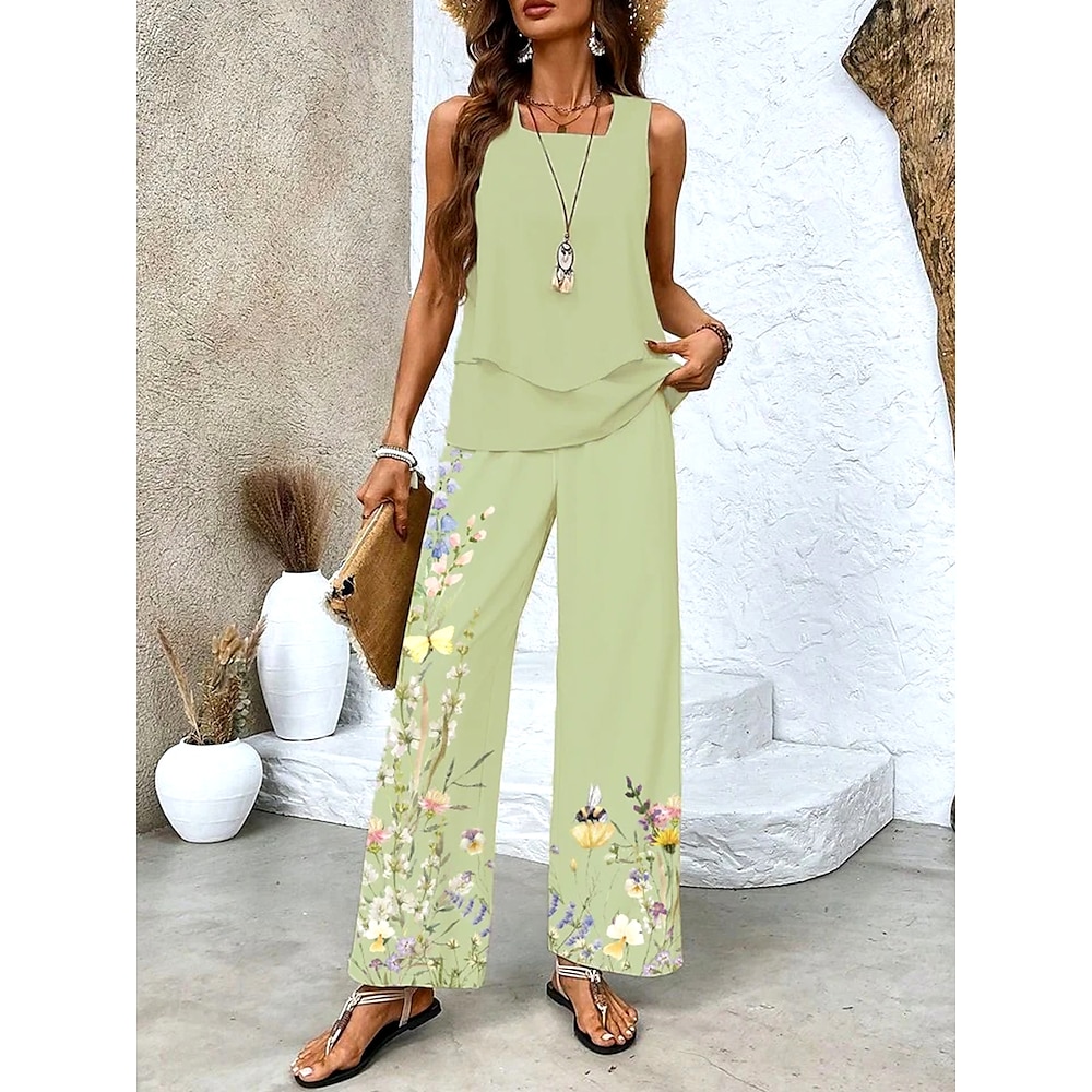 Damen Modisch T Shirt Hosen-Sets Ärmellos Quadratischer Ausschnitt Blumen Bedruckt Casual Grün Sommer Regular Fit Lightinthebox