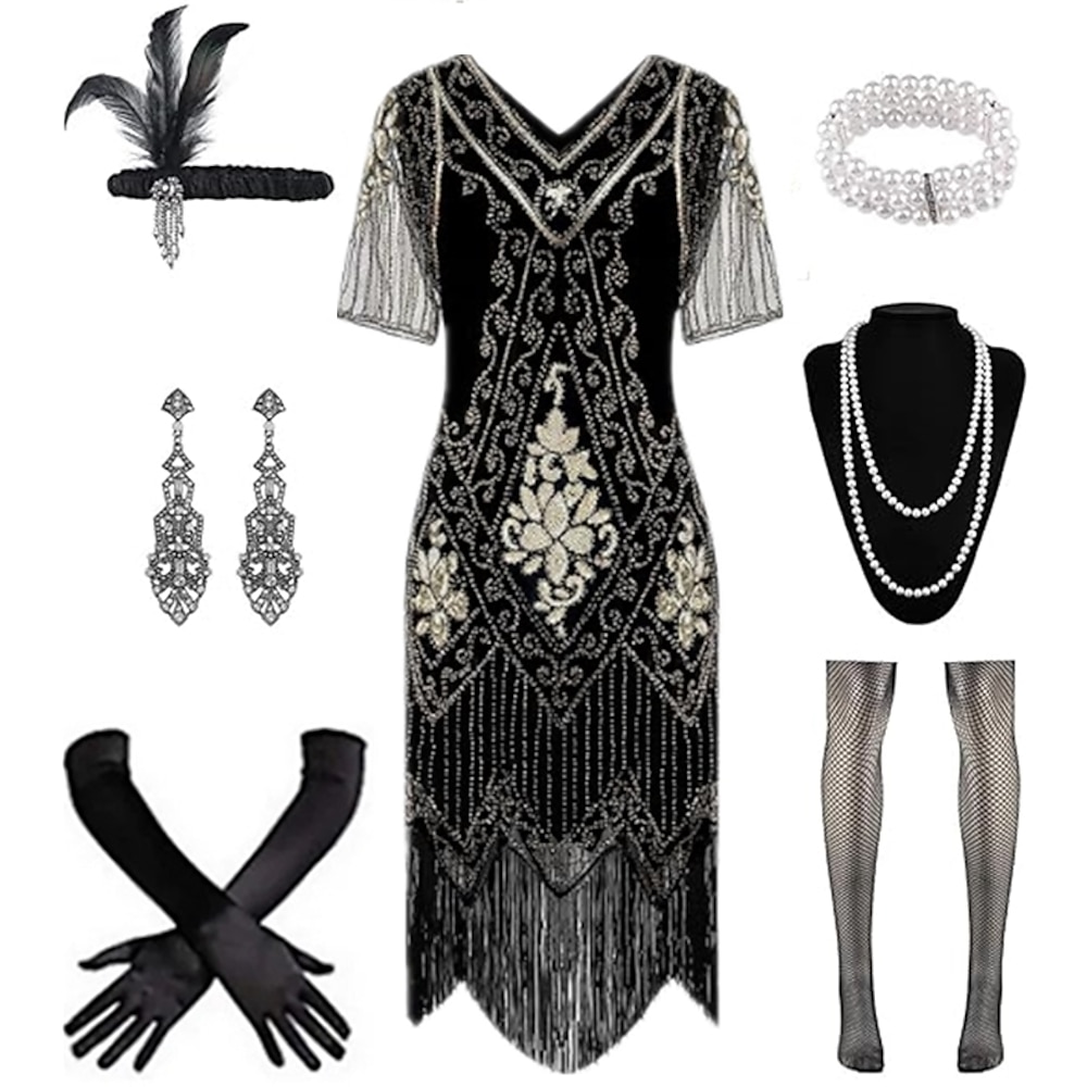 1920s Der große Gatsby Partykostüm Maskerade Der große Gatsby Damen Quaste Pailletten Quaste V Ausschnitt Halloween Karneval Erwachsene 1 Armreif Kleid Handschuhe Ganzjährig Lightinthebox