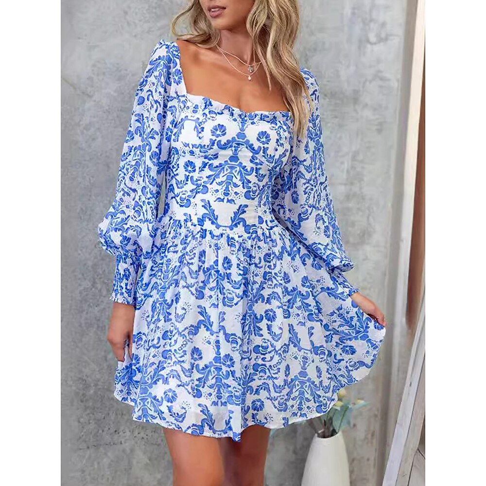 Damen Minikleid Corsagenkleider A Linie Kleid Milchmädchen-Kleid Kleid mit Puffärmeln Urlaub Urlaub Täglich Regular Fit Graphic Langarm Quadratischer Ausschnitt Blau Sommer Lightinthebox