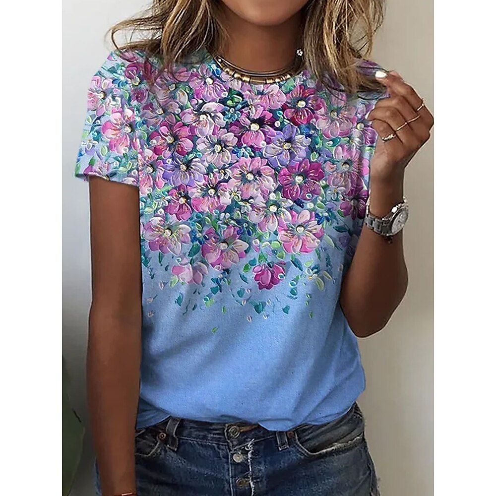 Damen T Shirt Blumen Brautkleider schlicht Kurzarm Rundhalsausschnitt Normale Oberteile Täglich Bedruckt Rosa Blau Grün Sommer Lightinthebox
