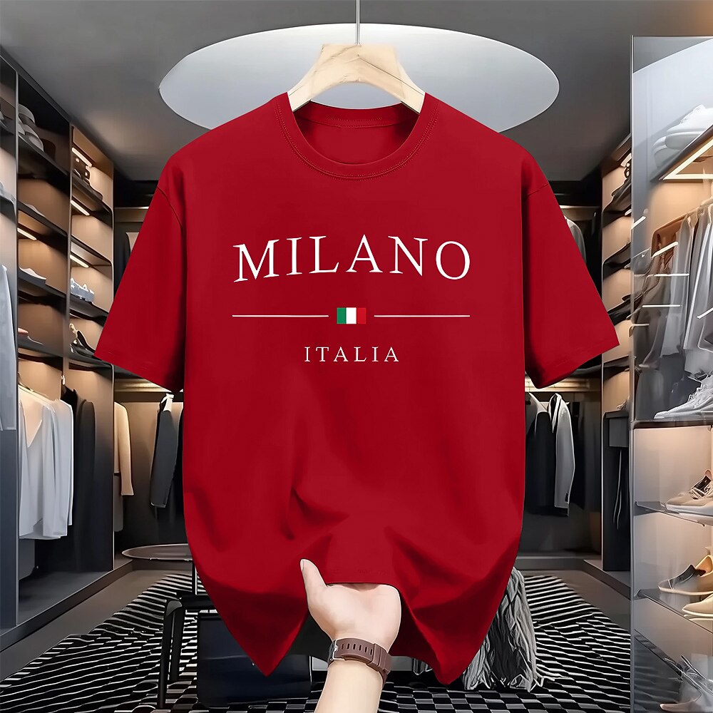 Herren-T-Shirt „Italien Milano" aus 100 % Baumwolle, kurzärmliges Grafik-Shirt, schwarz/rot, bequemes T-Shirt, Urlaub, Street-Fashion-Designer-Kleidung Lightinthebox