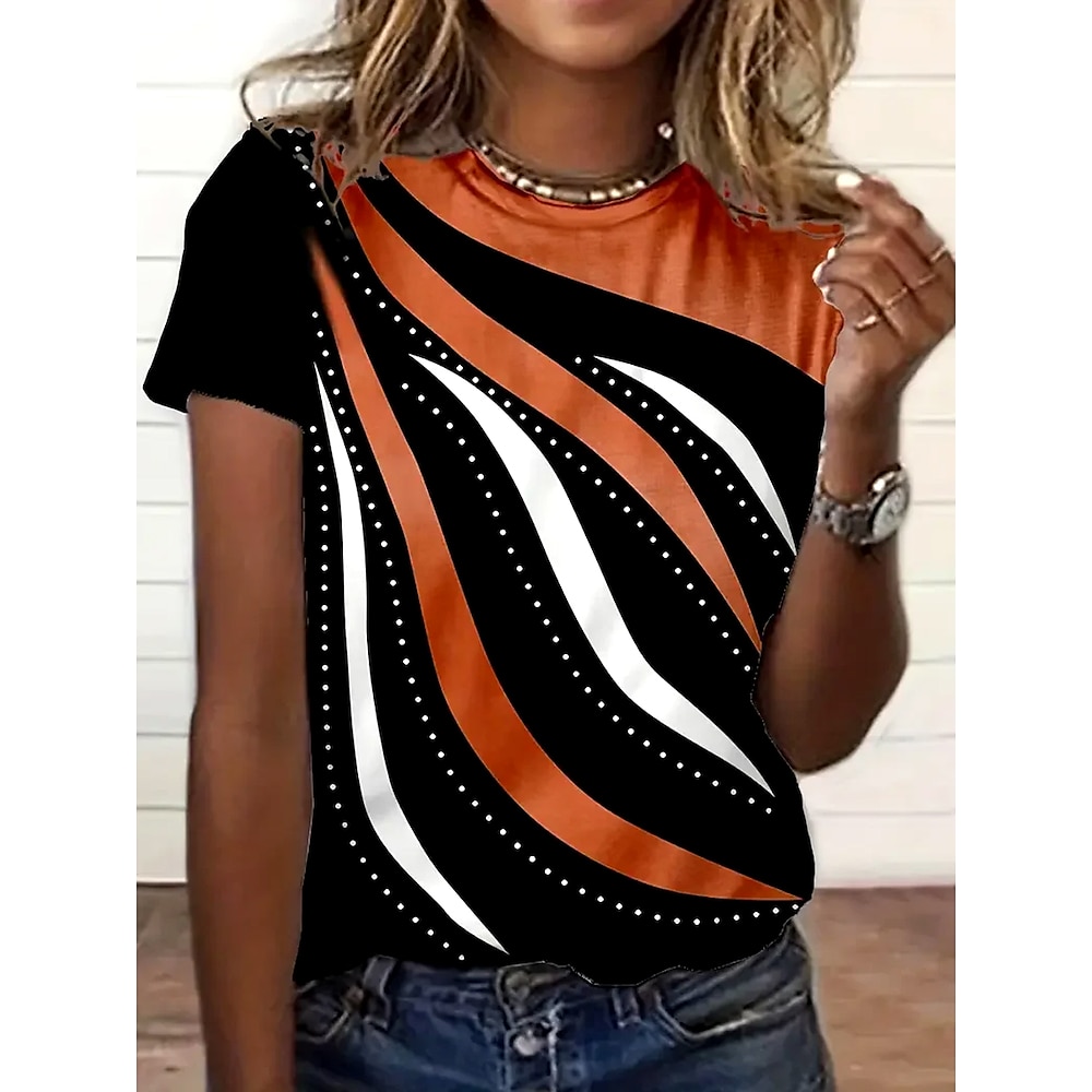 Damen T Shirt Graphic Geometrisch Gestreift Elegant Vintage Modisch Kurzarm Rundhalsausschnitt Normale Oberteile Täglich Ausgehen Wochenende Bedruckt Orange Sommer Lightinthebox