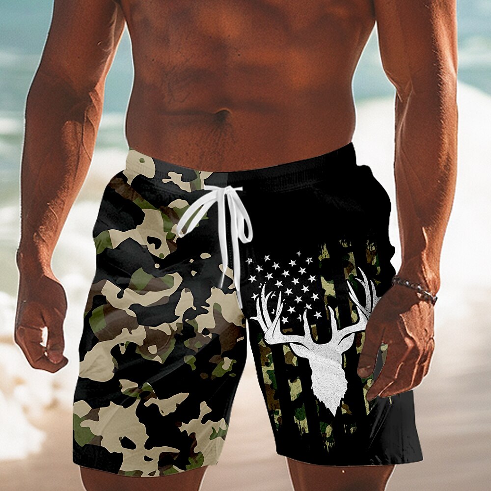 Herren Tarnfarben Amerikanische US-Flagge Hirsch Badeshorts Boardshorts Badeshorts Badehose Schwimmshorts Mittlere Taillenlinie Strassenmode Hawaiianisch Outdoor Casual Strassenmode Tasche Kordelzug Lightinthebox