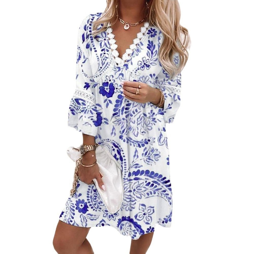 Damen Minikleid Casual kleid A Linie Kleid Stilvoll Brautkleider schlicht Urlaub Täglich Regular Fit Blumen 3/4 Ärmel V Ausschnitt Weiß Königliches Blau Blau Grün Sommer Lightinthebox