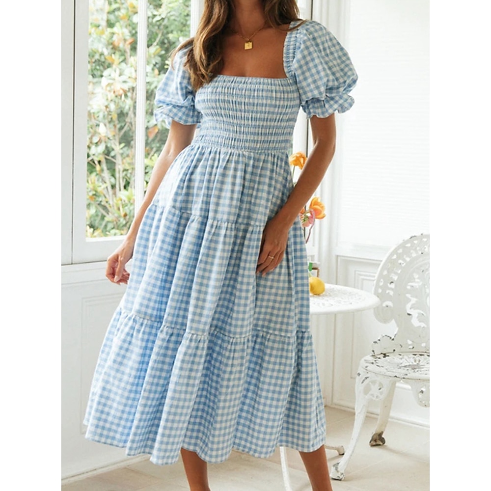 Damen Midikleid Corsagenkleider A Linie Kleid Milchmädchen-Kleid Kleid mit Puffärmeln Stilvoll Brautkleider schlicht Urlaub Täglich Regular Fit Plaid Kurzarm Quadratischer Ausschnitt Rosa Blau Sommer Lightinthebox