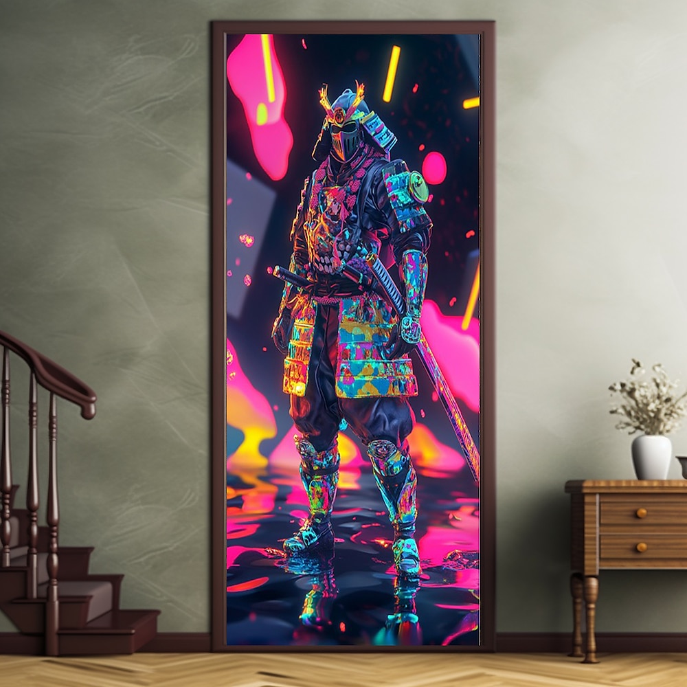 Neon Samurai Türdekorationen Türabdeckungen Tür Wandteppich Türvorhang Dekoration Fotohintergrund Innen/Außen Türbanner für Haustür Bauernhaus Lightinthebox