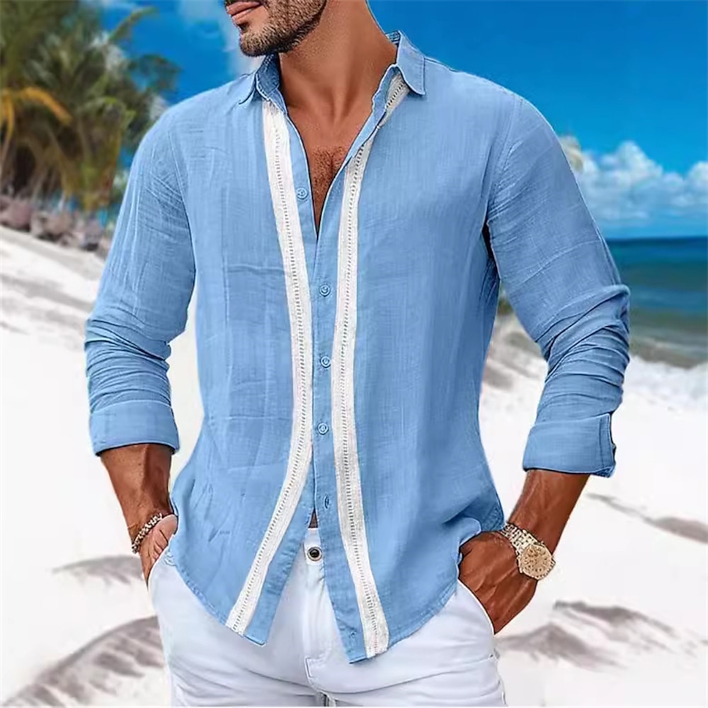 Herren Hemd leinenhemd Lässiges Hemd Knopfhemd Baumwoll-Shirt Farbblock Urlaub Hawaiianisch Weiß Himmelblau Grau Langarm Kargen Frühling Herbst Bekleidung Patchwork Lightinthebox