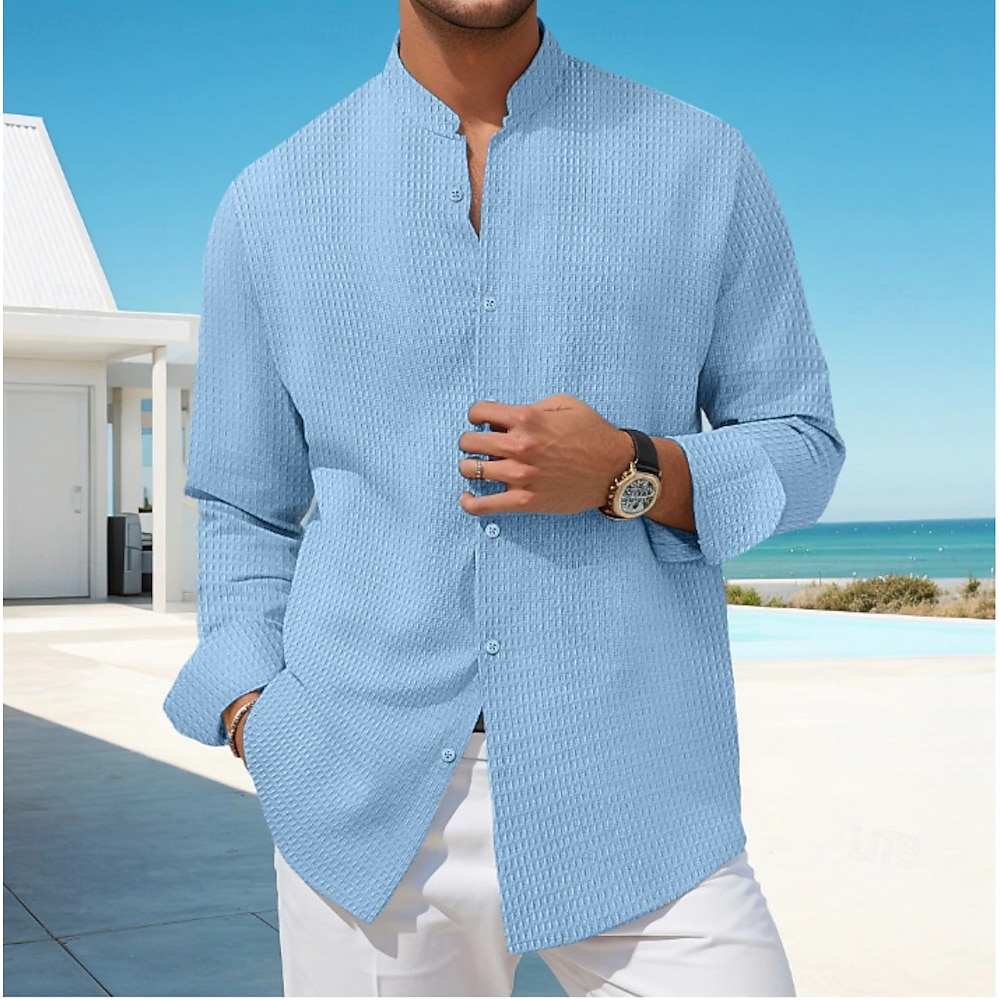 Herren Hemd Sommerhemd Lässiges Hemd Strandhemd Knopfhemd Schwarz Weiß Himmelblau Kaki Langarm Glatt Stehkragen Urlaub Festtage Button-Down Bekleidung Baumwollmischung Modisch Brautkleider schlicht Lightinthebox