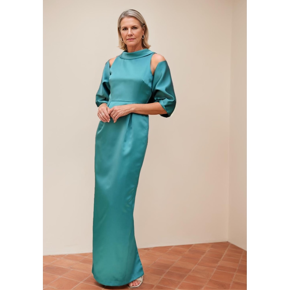 Etuikleid/Säulenkleid für die Brautmutter mit abnehmbarer Schleife, Schal, eleganter Vintage-Rollkragen, bodenlang, ärmelloses Satin-Jackenkleid mit Falten, einfarbig, 2025 Lightinthebox