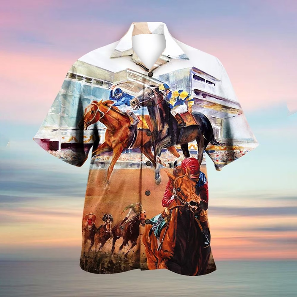 Kentucky Derby Herren Pferderennen Hemd Kubanisches Hemd Kurzarm Vintage-Retro Urlaub Festtage Festival Sommer Frühling Hemd mit Camp-Kragen 3D-Druck Weiß Lightinthebox