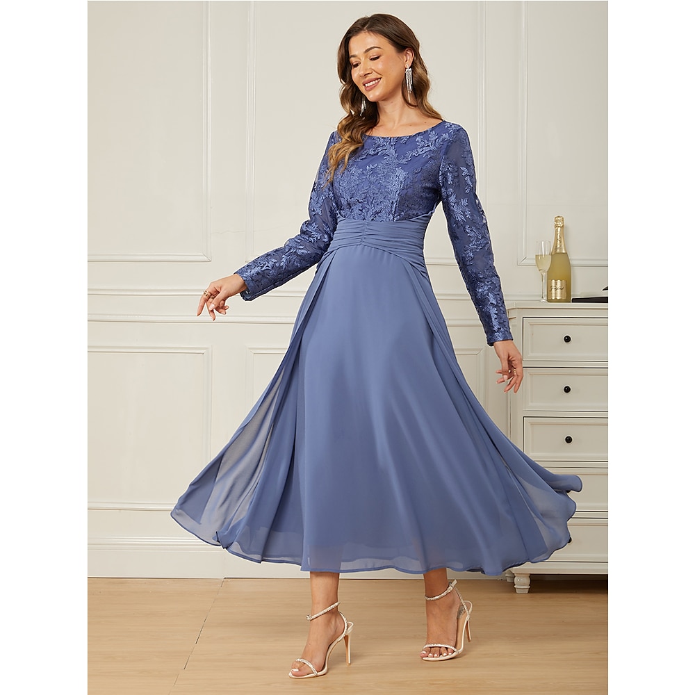 Damen Normal Spitzenkleid Chiffon-Kleid Elegant Stilvoll Feste Farbe Maxidress Langarm Rundhalsausschnitt Gestuft Regular Fit seidig DurchsichtigDressesParty kleid hochzeitsgast Verabredung Blau Lightinthebox