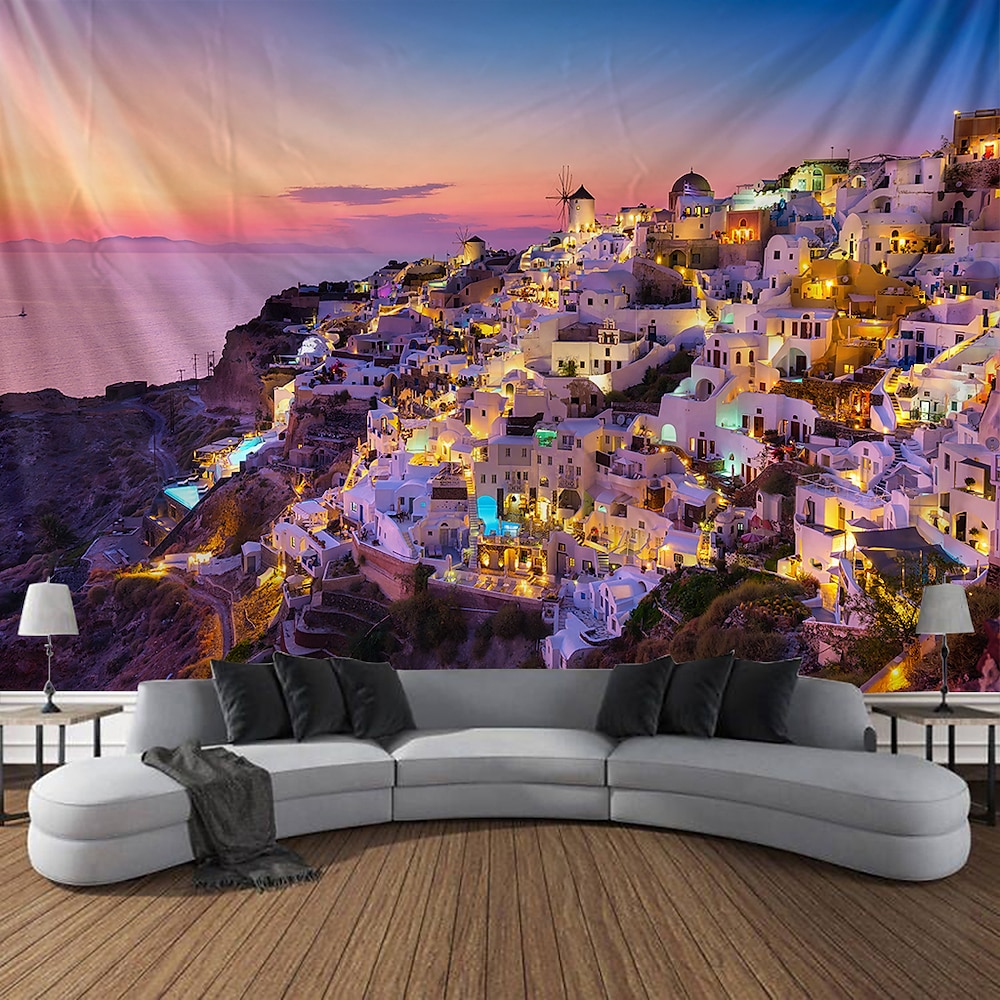 Landschaft Saint Torini Wandteppich Wandkunst Große Wandteppich Wanddekoration Fotohintergrund Decke Vorhang Zuhause Schlafzimmer Wohnzimmer Dekoration Lightinthebox