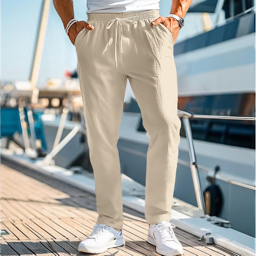 Herren Leinenhose Hose Hosen Sommerhosen Strandhose Kordelzug Elastische Taille Gerade geschnitten Glatt Komfort Atmungsaktiv Casual Täglich Festtage Modisch Klassicher Stil Schwarz Weiß Lightinthebox